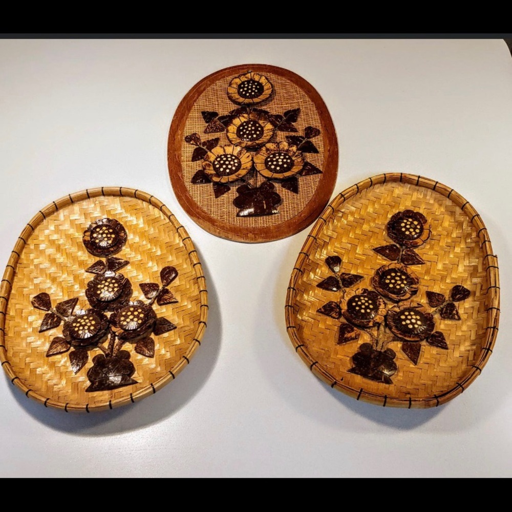 Set of 3 vintage wicker and wood wall hangings